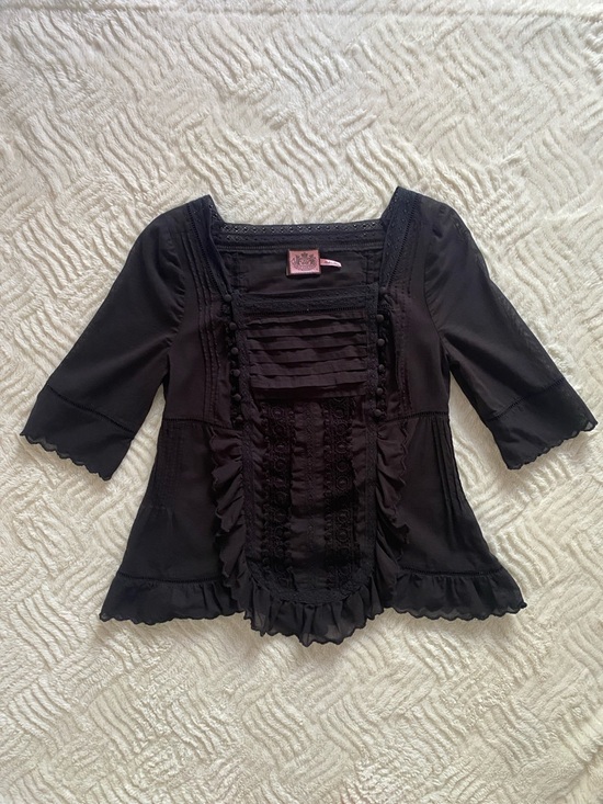 Juicy Couture Tops - Juicy Couture Black Ruffled Lace-Trim Square Neck Blouse
